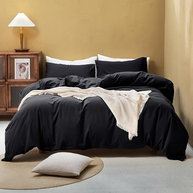 FOSSA Duvet Cover Set 100% Washed Cotton Linen Feel Super Soft Breathable Cozy 3 Pieces Bedding Sets Solid Black Twin/Twin XL