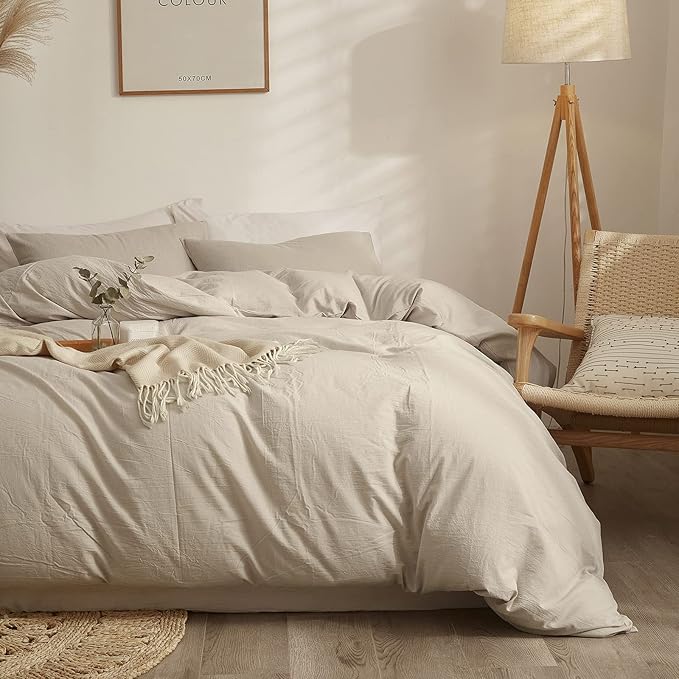 AMWAN Modern Soft Beige Duvet Cover Twin Washed Cotton Boho 3 Piece Simple Style Bedding Set 1 Cotton Comforter Cover with 2 Pillow Shams, No Comforter