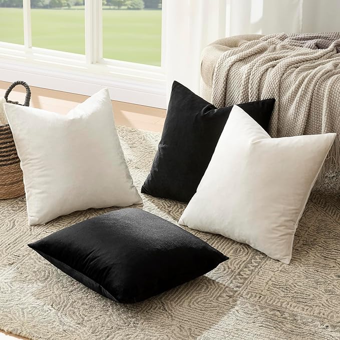 GIGIZAZA Pillow Covers 18x18 Set of 4,Black Ivory Velvet Soft Pillow Covers Decorative Square Modern Pillows Cushion Cases for Living Room