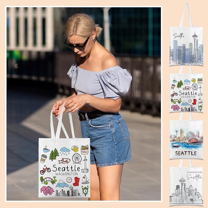 Paterr 4 Pcs City Souvenir Tote Bag-New York Chicago Seattle Los Angeles Boston San Francisco Paris Italy Las Vegas Nashville