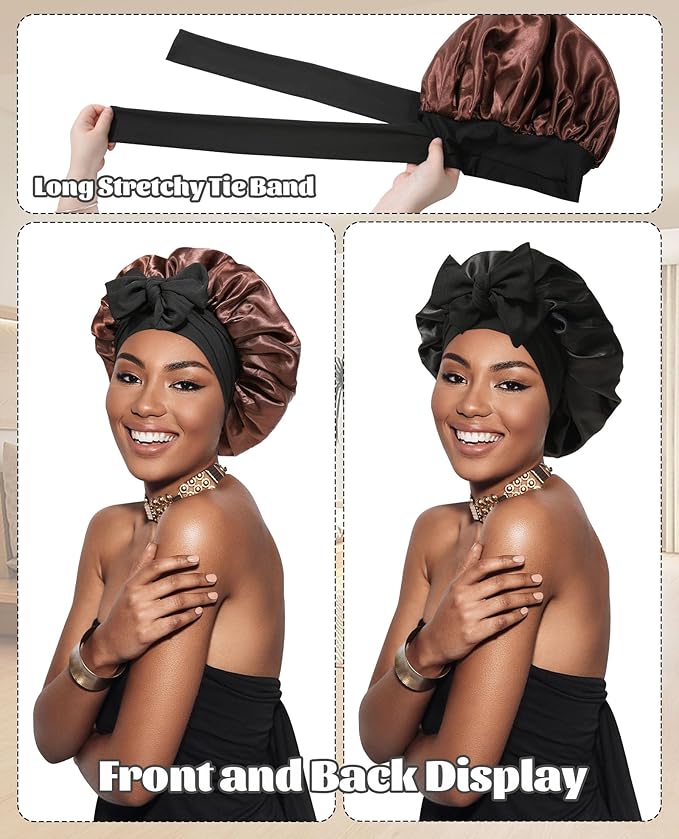 Satin Bonnet Silk Bonnet for Sleeping Silk Sleep Cap Double Layer Hair Bonnet with Elastic Tie Band for Curly Hair Night Cap (Black+Brown)
