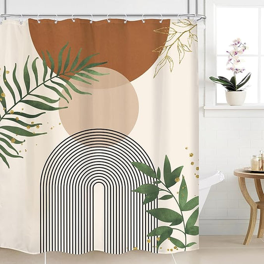 Brown Boho Mid Century Shower Curtain 60Wx72H Abstract Gold Leaves Plant Modern Sun Minimalist Geometric Arch Art Line Bathroom Decor Neutral Bath Curtain Fabric Polyester 12 Pack Hooks