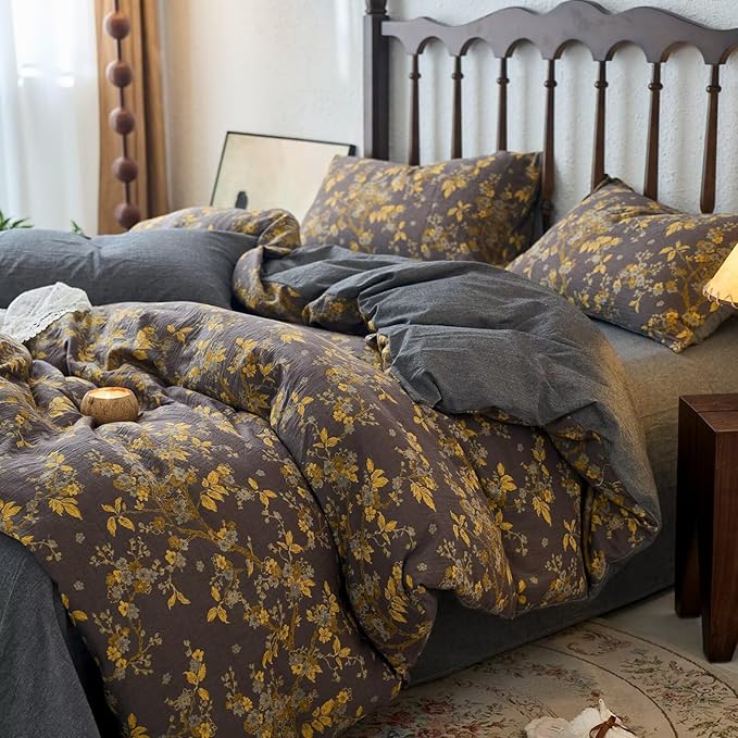 mixinni Vintage Floral Duvet Cover Queen Set - Gold Jacquard & Grey Reversible, 100% Yarn-Dyed Double-Layer Cotton, Breathable & Luxurious Farmhouse Bedding (3-Piece, Includes 2 Pillowcases)