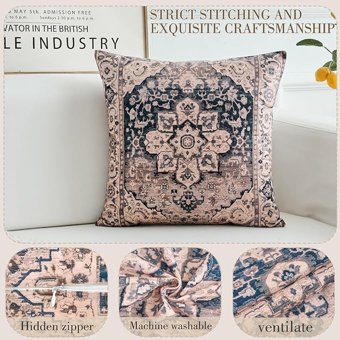 Boho Throw Pillow Covers 22x22 inch Set of 2,Boho Vintage Carpet Pattern Antique Ethnic Decor Double Sided Pattern Cushion Cover Soft Pillow Case Living Sofa Room Bed Square Pillow Cover
