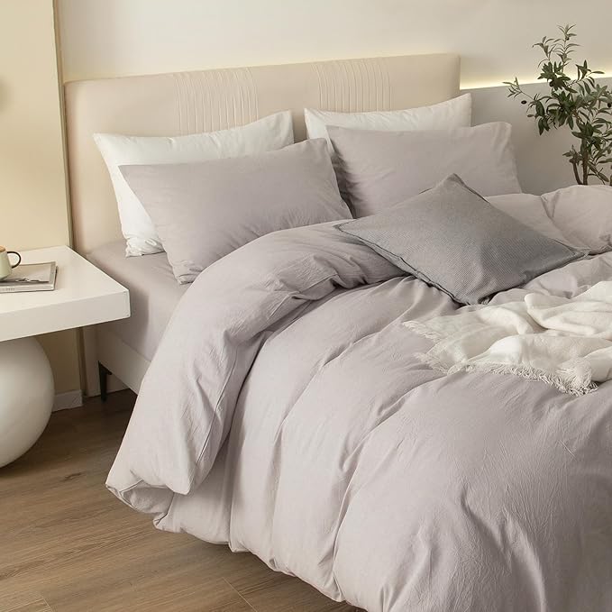 JIYUAN 100% Washed Cotton Duvet Cover Set 3 Pieces Super King, 1 Duvet Cover 108x98 Inches(Comforter Not Included) and 2 Pillowcases,Linen Feel Bedding Set Comfy and Breathable, Heathered Linen