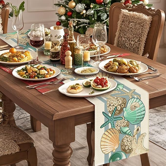 Sea Shell Table Runner Seasonal Spring Fall Kitchen Dining Linen Table Decoration for Indoor Outdoor Home Party Dinner 13x72 Inch