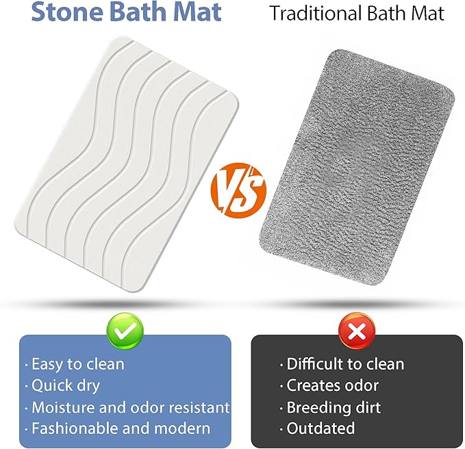 Absorbent Stone Bath Mat, Diatomaceous Earth Shower Mats, Non-Slip Water Absorbing Diatomite Stone Mat for Bathroom Floor, Quick-Drying Easy to Clean (23" x 16" White)