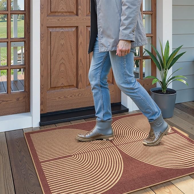 Lahome Modern Rainbow Easy Jute Patio Rug, 3x5 Washable Entry Way Rugs Indoor for Living Room Dorm, Farmhouse Red Indoor Outdoor Carpet for Entryway Deck Porch