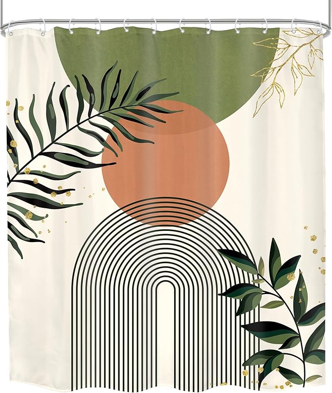 Green Boho Shower Curtain 60Wx72H Abstract Bohemian Modern Leaves Mid Century Minimalist Contemporary Plant Bathroom Decor Simple Neutral Bath Curtain Fabric Polyester 12 Pack Hooks