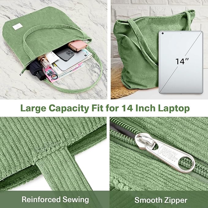 KALIDI Women Corduroy Tote Bag Zipper Casual Tote's Handbag Big Capacity Shoulder Bag with Pockets