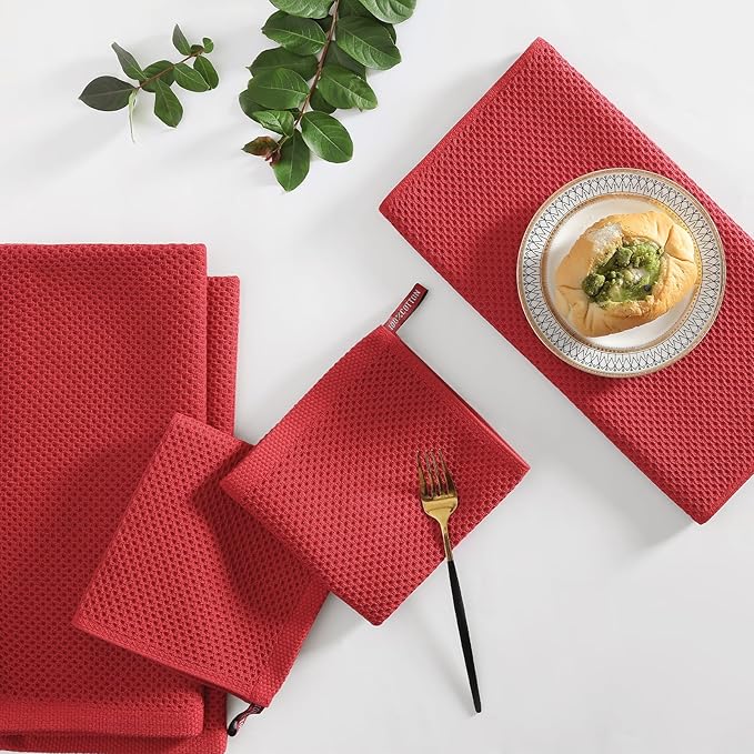 Homaxy 100% Cotton Kitchen Towels and Dishcloths Set, 12 x 12 Inches and 13 x 28 Inches, Set of 10 Bulk Kitchen Towels Set, Ultra Soft Absorbent Dish Cloths for Washing Dishes, Red