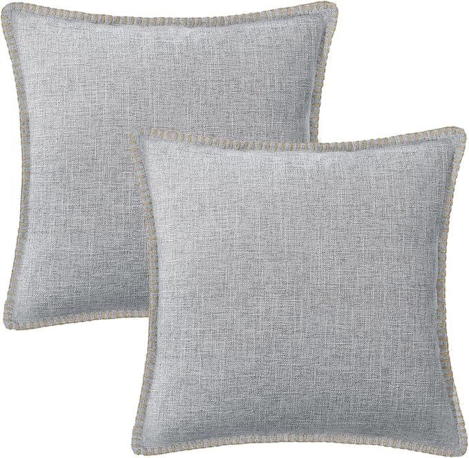 decorUhome Decorative Outdoor Throw Pillow Covers 16x16 Set of 2, Square Linen Rustic Neutral Farmhouse Euro Pillow Covers with Stitched Edge for Couch, Sofa, Living Room, Light Grey