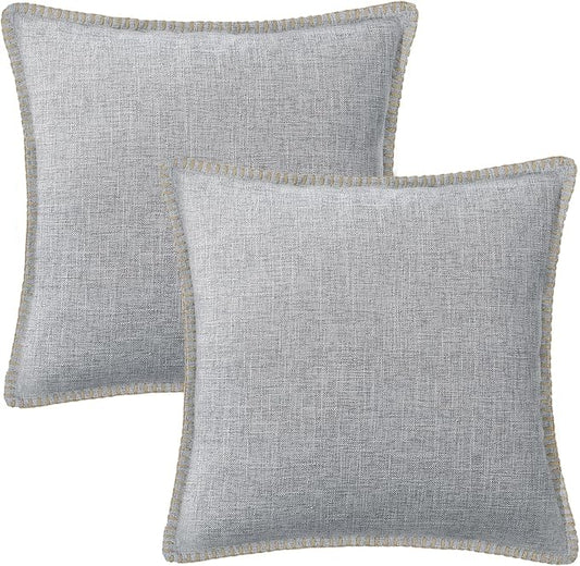 decorUhome Decorative Outdoor Throw Pillow Covers 16x16 Set of 2, Square Linen Rustic Neutral Farmhouse Euro Pillow Covers with Stitched Edge for Couch, Sofa, Living Room, Light Grey