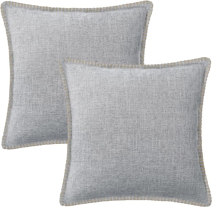 decorUhome Decorative Outdoor Throw Pillow Covers 18x18 Set of 2, Square Linen Rustic Neutral Farmhouse Euro Pillow Covers with Stitched Edge for Couch, Sofa, Living Room, Light Grey