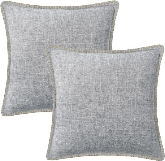 decorUhome Decorative Outdoor Throw Pillow Covers 18x18 Set of 2, Square Linen Rustic Neutral Farmhouse Euro Pillow Covers with Stitched Edge for Couch, Sofa, Living Room, Light Grey