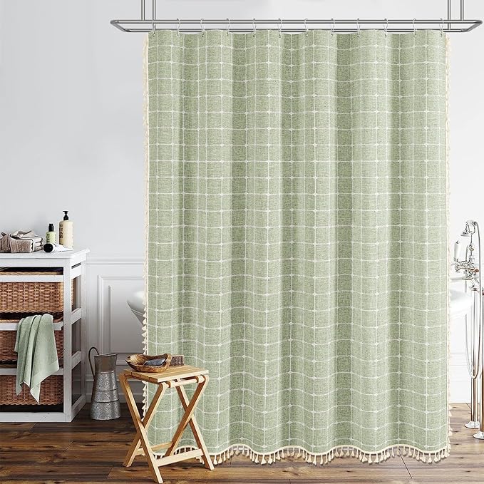 BTTN Extra Long Shower Curtain - 72x90 Inch Long Boho Tassel Linen Fabric Shower Curtain Set with 12 Plastic Hooks, Modern Farmhouse Elegant Heavy Duty Cloth Shower Curtains for Bathroom - Sage Green