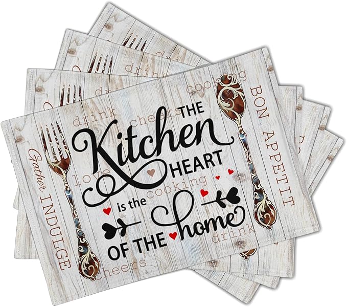 Giwawa The Kitchen is The Heart of The Home Placemats Set of 4, 12x18 Inch Farmhouse Vintage Style Cooking Sets Linen Table Place Mats Non-Slip Heat Resistance for Kitchen Dining Party Decor