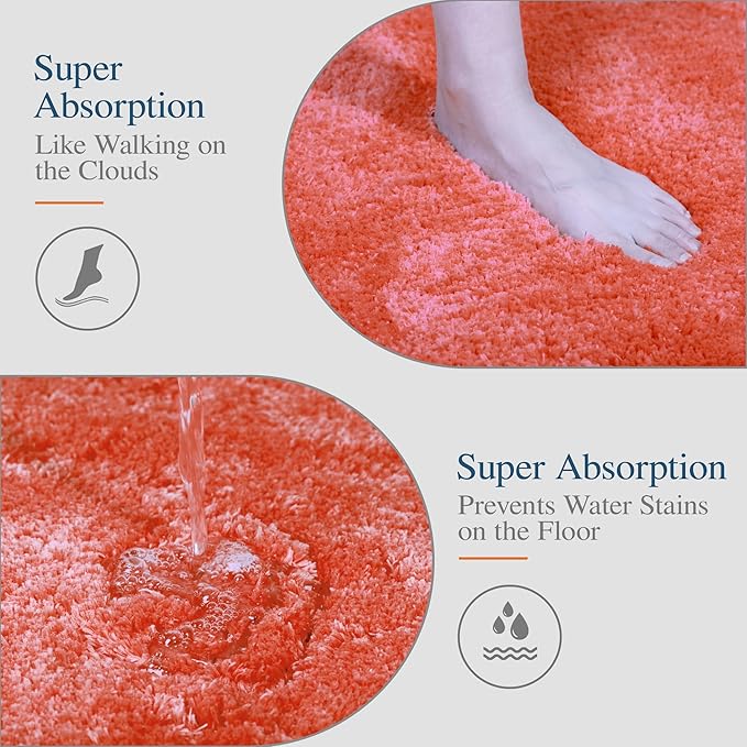 Walensee Living Coral Bath Mat, 24" x 36", Extra Soft High-Pile Microfiber, Absorbent, Non-Slip, Machine Washable, Luxury Bathroom Rug for Bathroom Floor