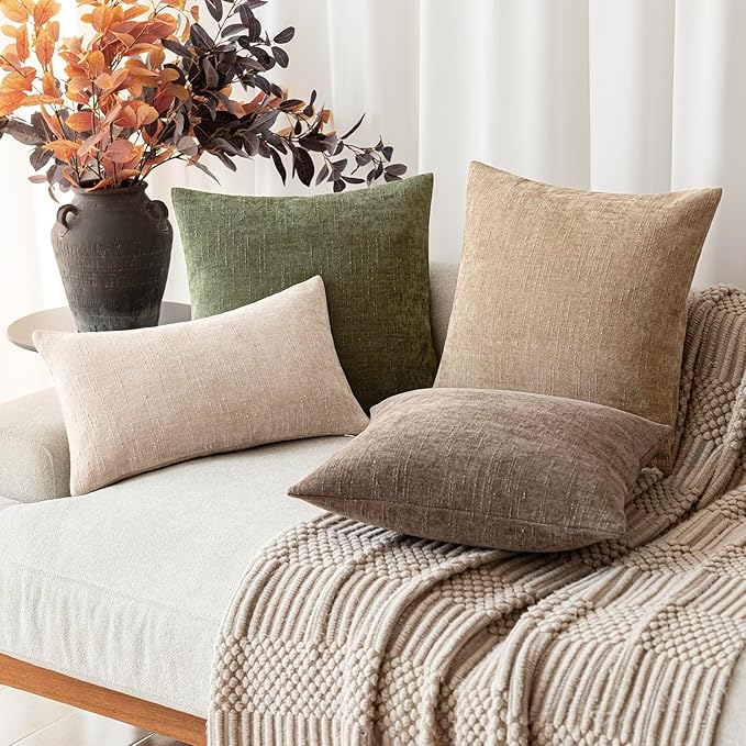 Foindtower Pack of 2 Soft Textured Chenille Throw Decorative Pillow Covers Square Accent Solid Cushion Cover Cozy Neutral Farmhouse Pillow Case for Couch Sofa Bedroom Living Room 24x24 Inch,Dark Green