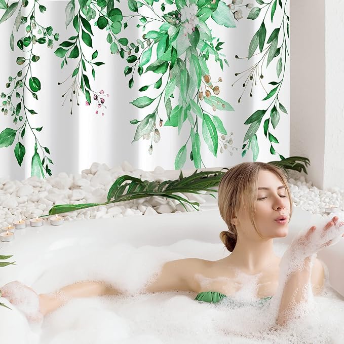 Gibelle Small Stall Shower Curtain 36 x 72, Narrow Emerald Green Floral Shower Curtain for Bathroom, Watercolor Plant Eucalyptus Leaves Fabric Shower Curtain Set with Hooks