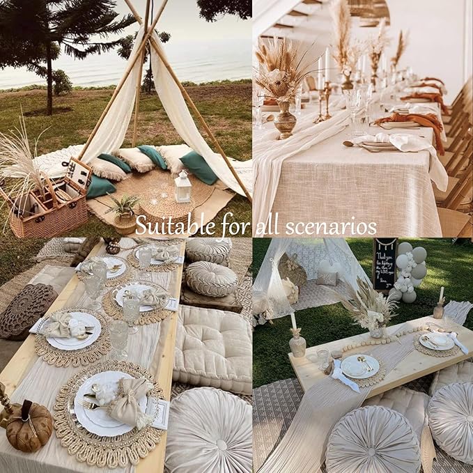 13.3FT Long Sand Cheesecloth Table Runner Boho Table Runner Transparent Rustic Gauze Wedding Dining Table Decorations for Birthday Party Holiday Baby Shower Event Decorations