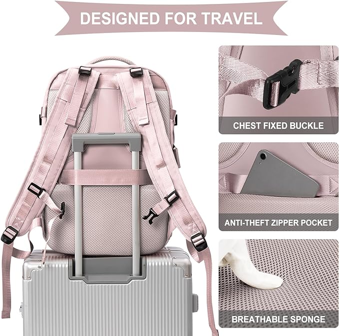 coowoz Large Travel Backpack For Women Men,Carry On Backpack Flight Approved,Hiking Backpack Waterproof Outdoor Rucksack Casual Daypack Fit 15.6 Inch Laptop Shoes Compartment (Pink Purple-L)