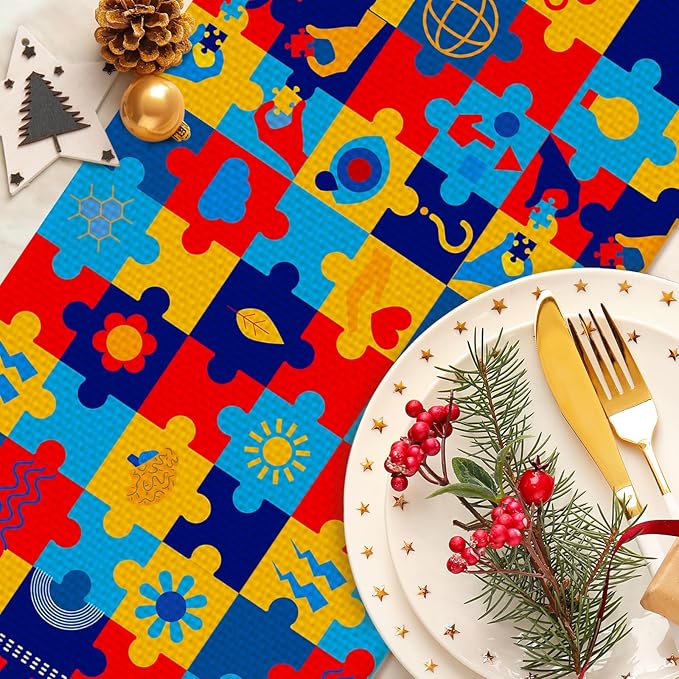 Autism Art Painting Burlap Table Runner Seasonal Spring Fall Kitchen Dining Linen Table Decoration for Indoor Outdoor Home Party Dinner 13x72 Inch