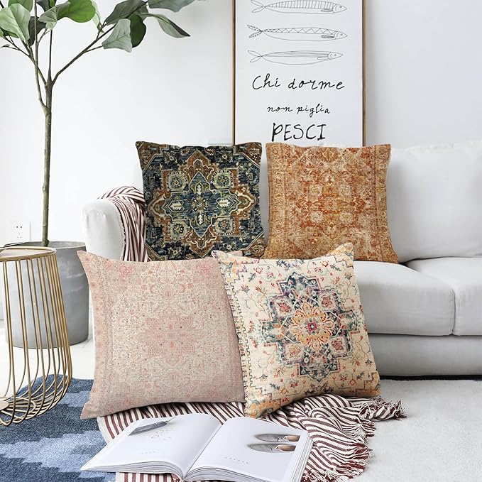 Boho Throw Pillow Covers 22x22 inch Set of 2,Boho Vintage Carpet Pattern Antique Ethnic Decor Double Sided Pattern Cushion Cover Soft Pillow Case Living Sofa Room Bed Square Pillow Cover