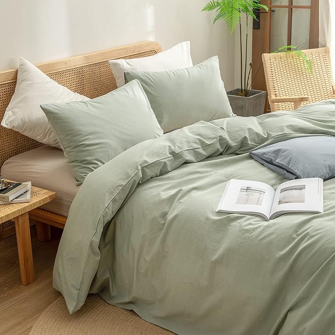 BESTOUCH Duvet Cover Set 100% Washed Cotton Linen Feel Super Soft Comfortable Chic Lightweight 3 PCs Home Bedding Set Solid Sage Green Full/Double