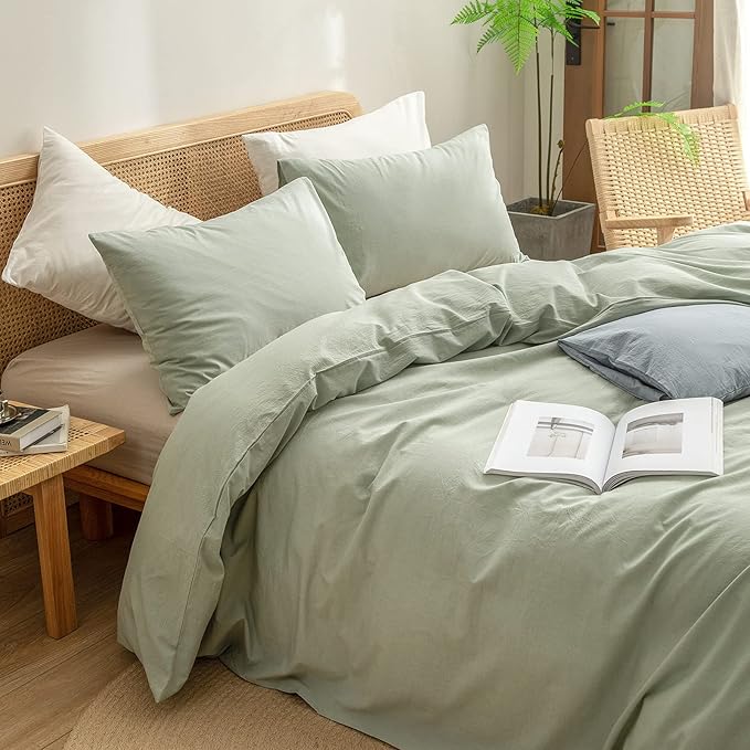 BESTOUCH Duvet Cover Set 100% Washed Cotton Linen Feel Super Soft Comfortable Chic Lightweight 3 PCs Home Bedding Set Solid Sage Green Oversized Queen