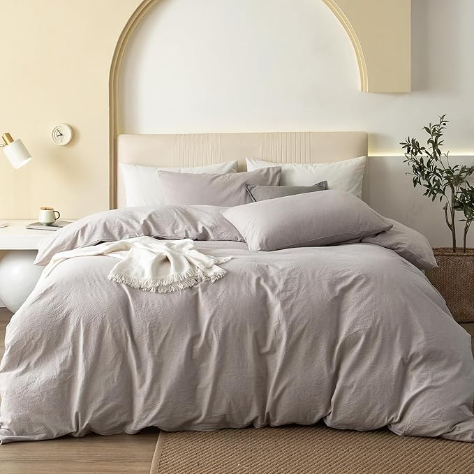JIYUAN 100% Washed Cotton Duvet Cover Set 3 Pieces Cal King, 1 Duvet Cover 104x98 Inches(Comforter Not Included) and 2 Pillowcases,Linen Feel Bedding Set Comfy and Breathable, Heathered Linen