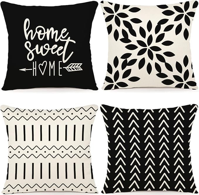 YCOLL Pillow Covers 16x16 Set of 4, Modern Sofa Throw Pillow Cover, Decorative Outdoor Linen Fabric Pillow Case for Couch Bed Car, Black