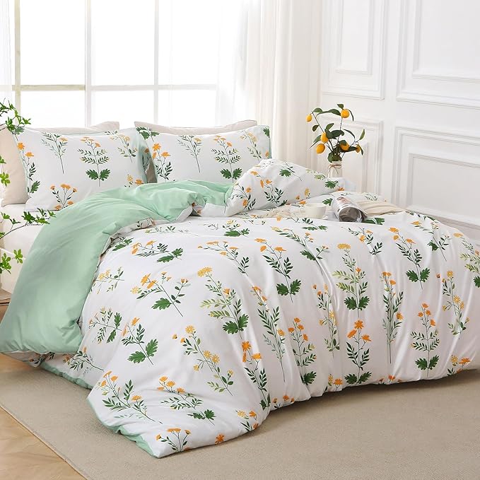 Duvet Cover King Size, Reversible Floral Vintage Duvet Cover Set with Zipper Closure, 3 Pieces Botanical Patterns Soft Microfiber Bedding Set (90"x104", 2 Pillow Cases, Honeysuckle Green White)