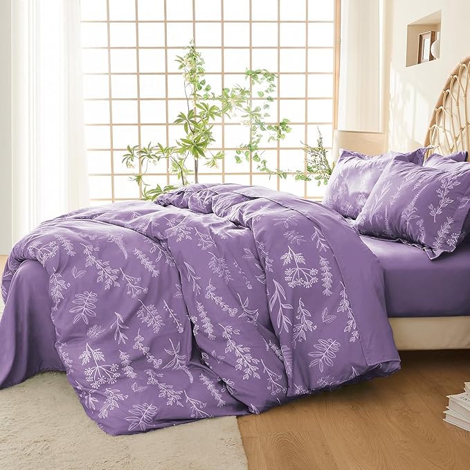 MUXHOMO Duvet Cover Full Size, Reversible Floral Grayish Purple Duvet Cover Set with Zipper Closure, 3 Pieces Botanical Patterns Soft Microfiber Bedding Set with 4 Ties (80"x90", 2 Pillow Cases)