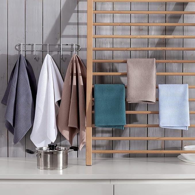 QUILTINA Dish Towels Set,100% Cotton Waffle Weave Kitchen Towels 12 Pack,17 x 25 Inches Dish Towels for Kitchen,Ultra Soft Dish Drying (White, Gray, Light Khaki, Light Blue, Dark Green, Brown)