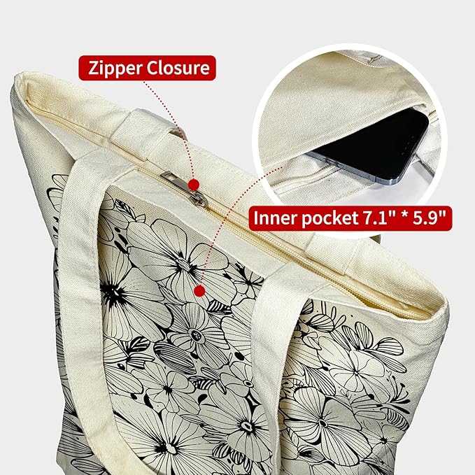 Canvas Tote Bag for Women, Aesthetic Tote Bag with Zipper Pocket for Grocery Travel Work Gift, Canvas Shopping Bag