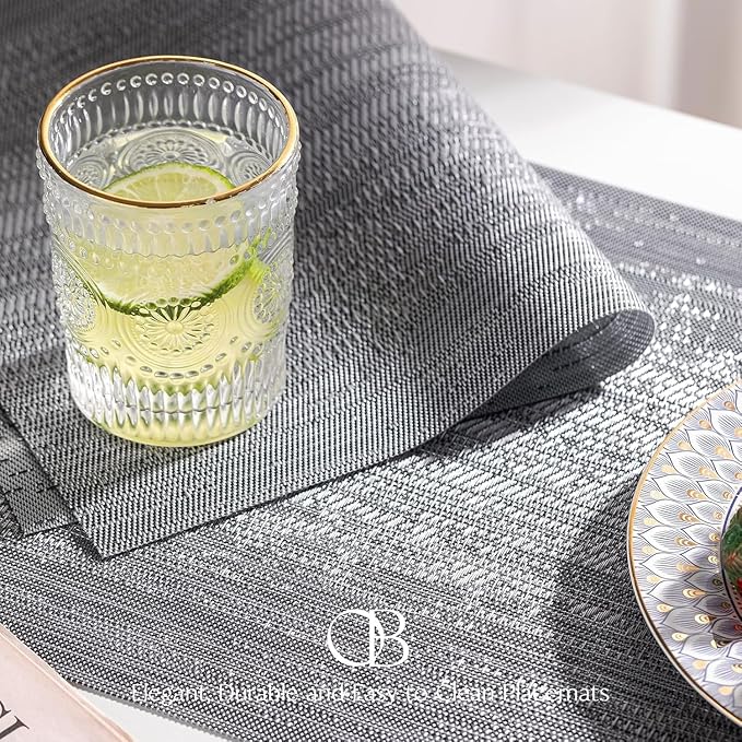 Placemats Set of 8 - Easy Clean Woven Vinyl Placemat for Dining Table, Indoor/Outdoor Place Mats, Washable PVC Table Mats（Gray）