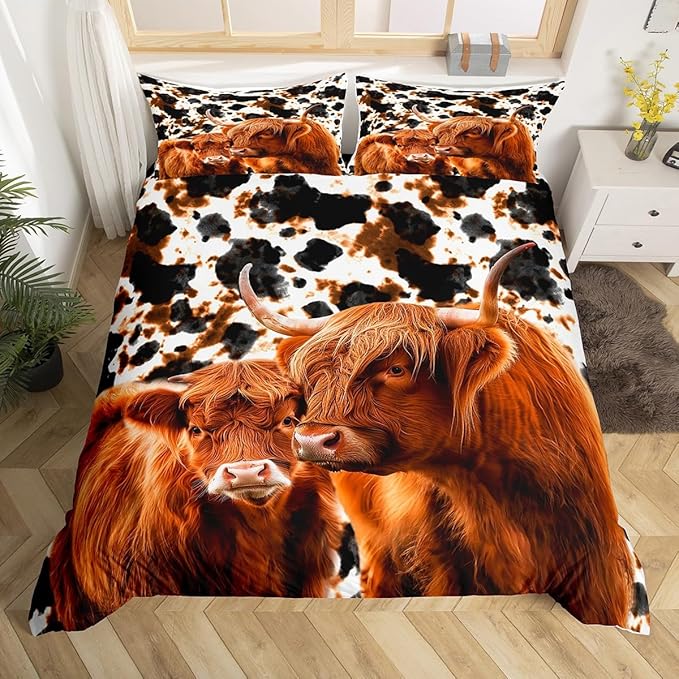 Milk Cow Print Duvet Cover Set King Size, Farmhouse Animal Skin Highland Cattle Comforter Cover (No Comforter), Cheese Pie Delicious Food Brushed Microfiber Soft Bedding Set with 2 Pillowcases
