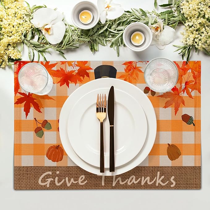 Giwawa Thanksgiving Placemats Set of 4, Give Thanks Turkey Place Mat with Orange Bufflao Plaids, Fall Autumn Maple Leaf Pumpkins Chestnuts Washable Table Mats for Kitchen Dining Holiday Decor, 12"x18"