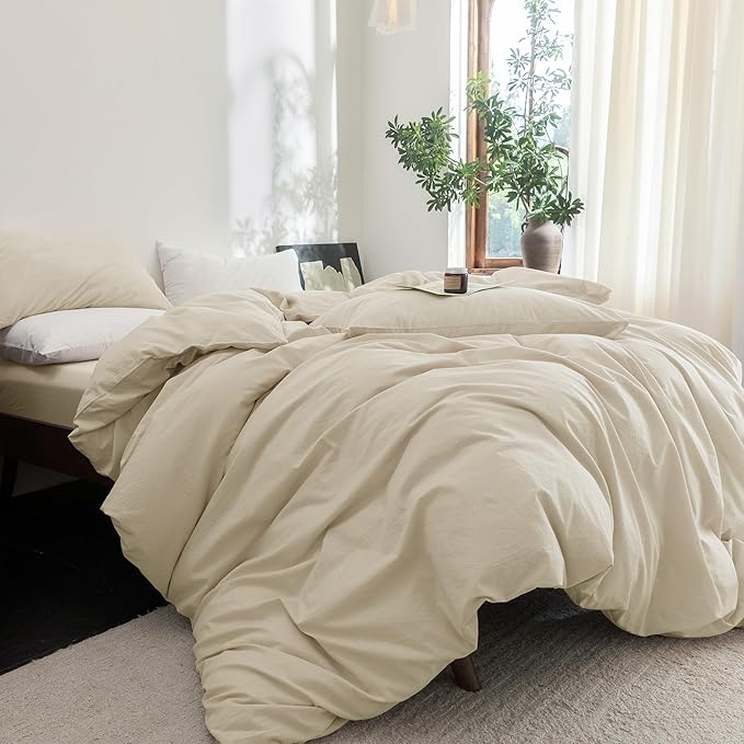 FOSSA Duvet Cover Set 100% Washed Cotton Linen Feel Super Soft Breathable Cozy 3 Pieces Bedding Sets Solid Almond Grey Super King Plus