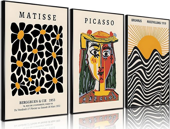 3 Pcs Picasso Matisse Bauhaus Wall Art Set Minimalist Geometric Canvas Paintings Orange Black Modern Minimalist Wall Decor Prints Posters Pictures Living Room Gallery Bedroom Decoration (Unframed,