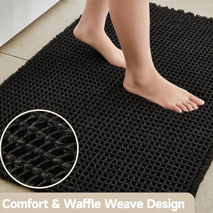 Black Long Bathroom Rug, Waffle Runner Rug Bathroom Non Slip Washable Super Absorbent Quick Dry Boho Farmhouse Bath Decor, 72"x24" Black