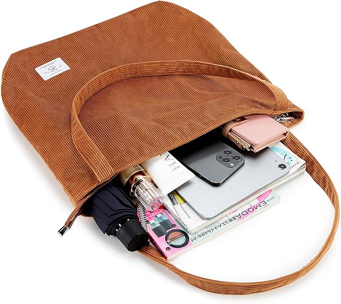 KALIDI Women Corduroy Tote Bag Zipper Casual Tote's Handbag Big Capacity Shoulder Bag with Pockets