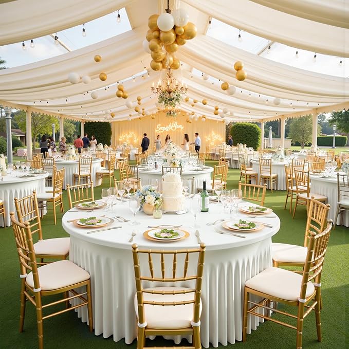 Outpain 12 Pack Spandex Ivory Round Tablecloths for 60in Tables, 120Inch Stretchy Fitted 5FT Round Table Clothes,Wrinkle Free Table Cover with Skirt for Wedding Party Dining Banquet