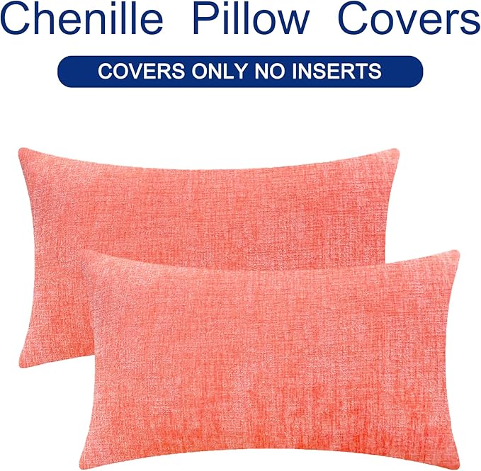 CaliTime Throw Pillow Covers Decorative 12 X 20 Inches Pack of 2 Cozy Chenille Cushion Cases for Couch Sofa Bed Living Room Home Living Coral