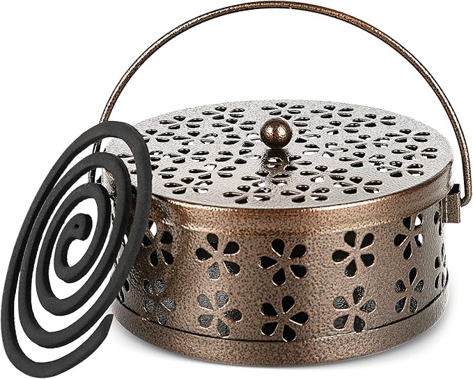 Portable Iron Mosquito Coil Holder with Handle Round Heat-Resistant Incense Holder (Bronze)