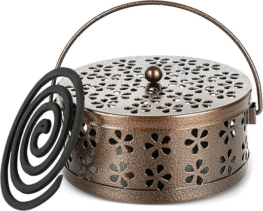 Portable Iron Mosquito Coil Holder with Handle Round Heat-Resistant Incense Holder (Bronze)
