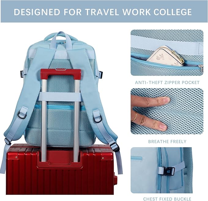 SHRRADOO Travel Laptops Backpack for Women Men, Casual Work Bag 17inch High School College Backpack Airline Approved Backpack for Hiking Business (Light Blue)