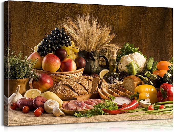 Kitchen Wall Decor Bread Vegetable Fruit Canvas Wall Art Kitchen Decorations Dining Room Decor wall art Healthy Eating Fruit Wall Art Food Wall Art for Dining Room Ready to Hang (28''Hx40''W)