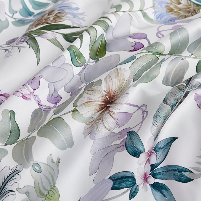 mixinni Garden Style Purple Floral Printed on White Duvet Cover Queen Size Flower Leaves Pattern Long Staple Cotton Bedding Set with Zipper Ties for Him and Her, Easy Care, Soft and Breathable